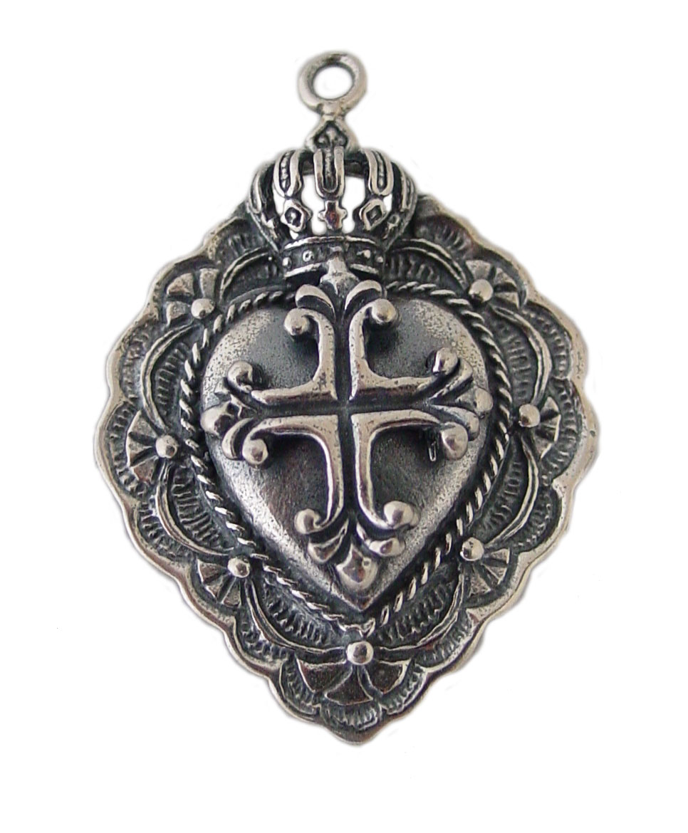 Silver Heart Crown Cross Charm Pendant